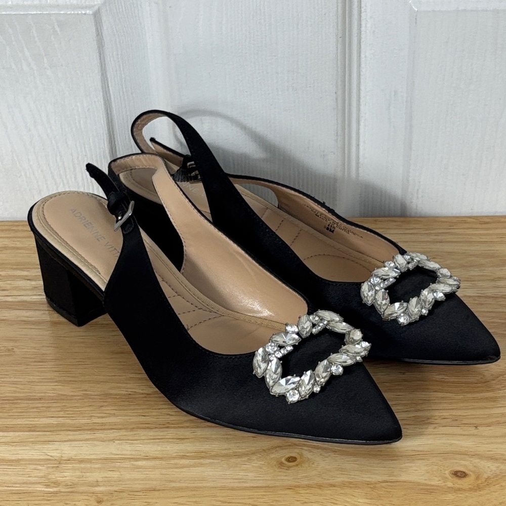 Adrienne Vitadinni Black Slingback Kitten Heel Point Toe Rhinestone buckle sz 8